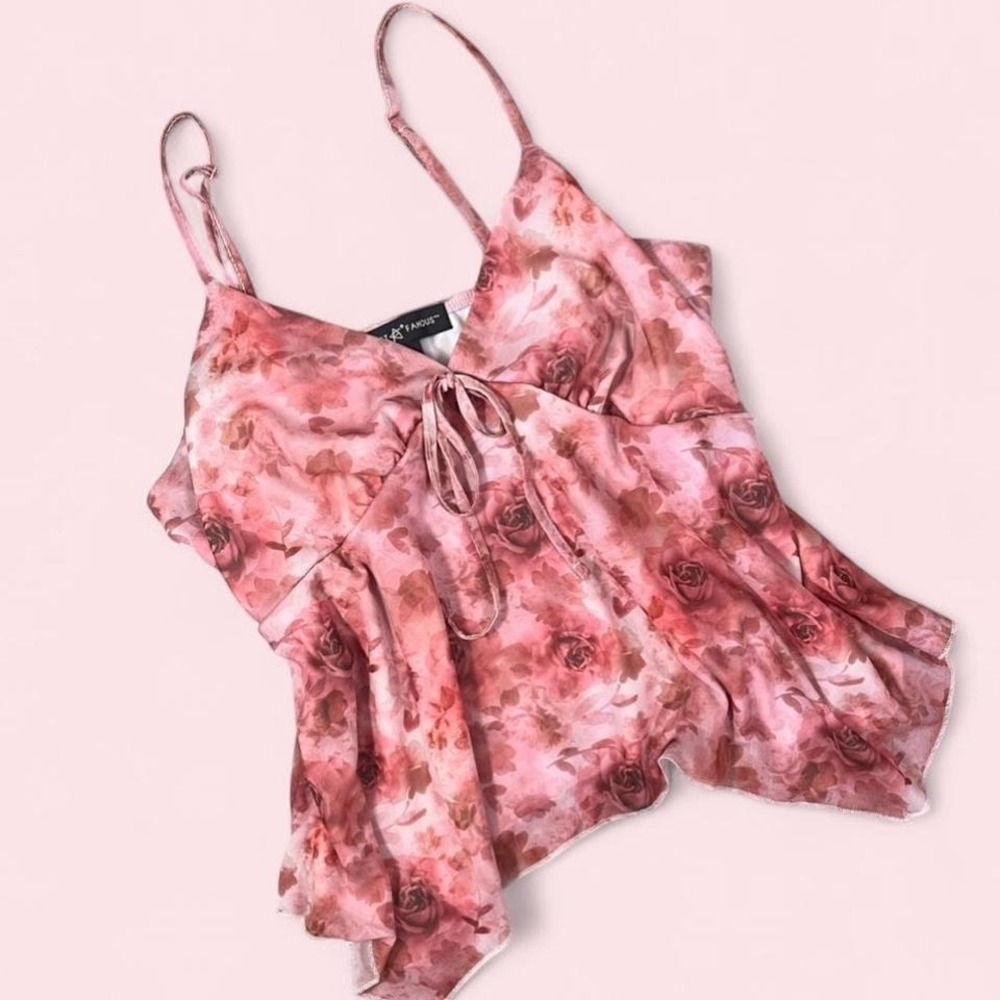 Almost Famous Pink Babydoll Cami Floral Top With Tie Front